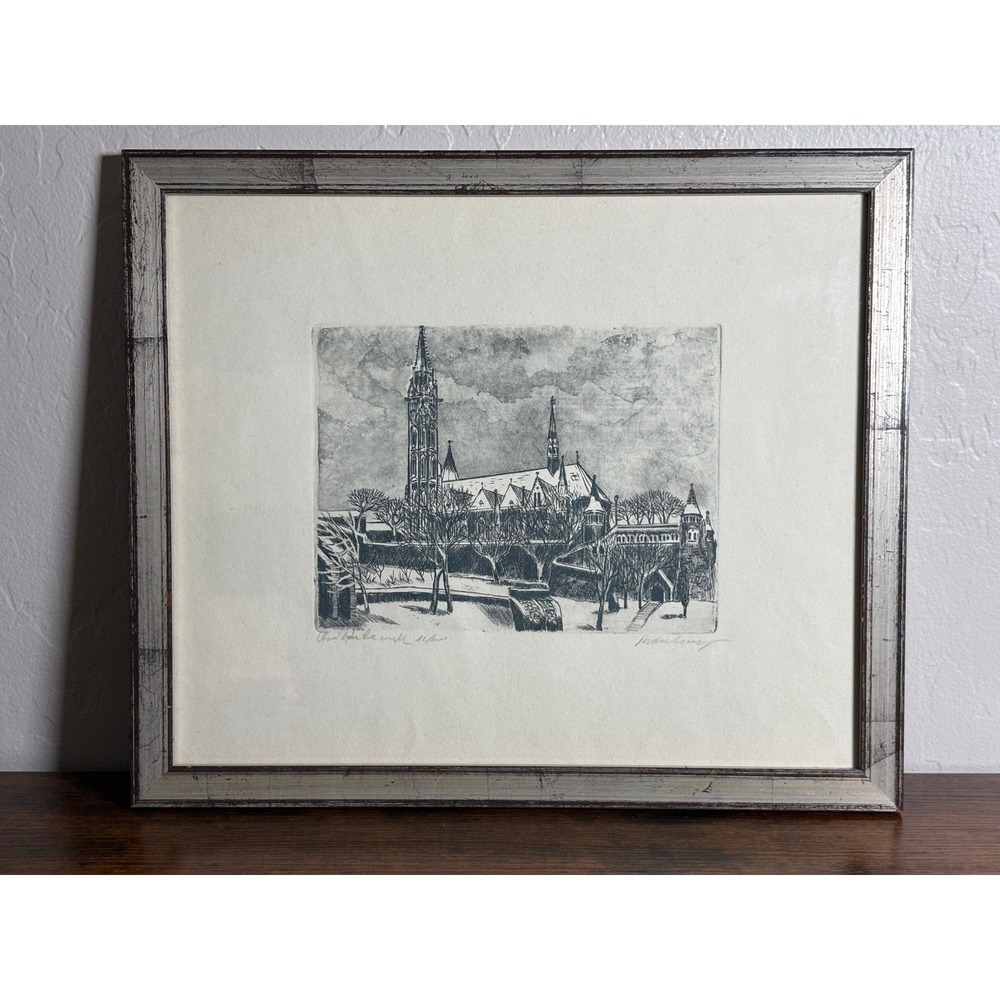 Signed Limited Edition Gothic Cathedral Etching Framed Winter Landscape 12/100